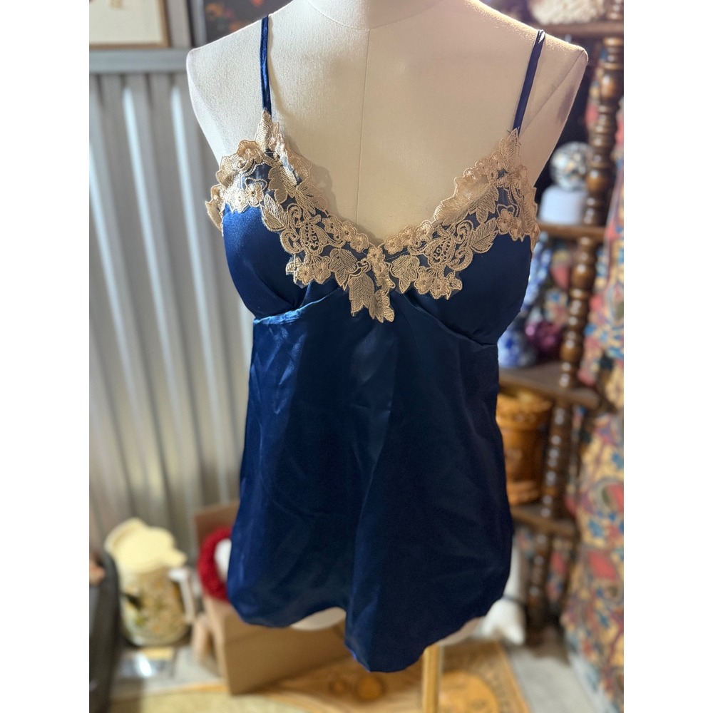 Navy‎ Blue Satin Pajama Set Lace Trim Camisole and Pants Sleepwear Lingerie